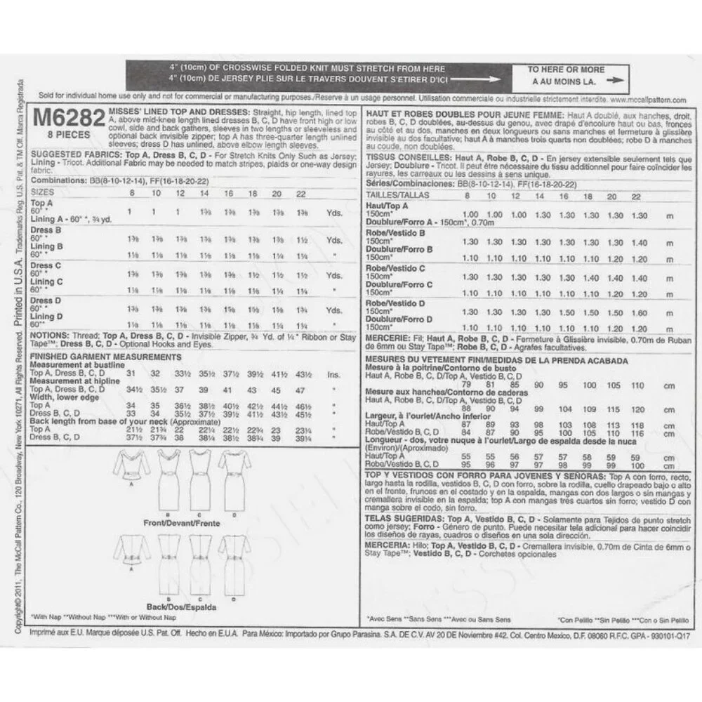 McCall's Sewing Pattern 6282 Misses Dress Lined Top Size 16-22‎